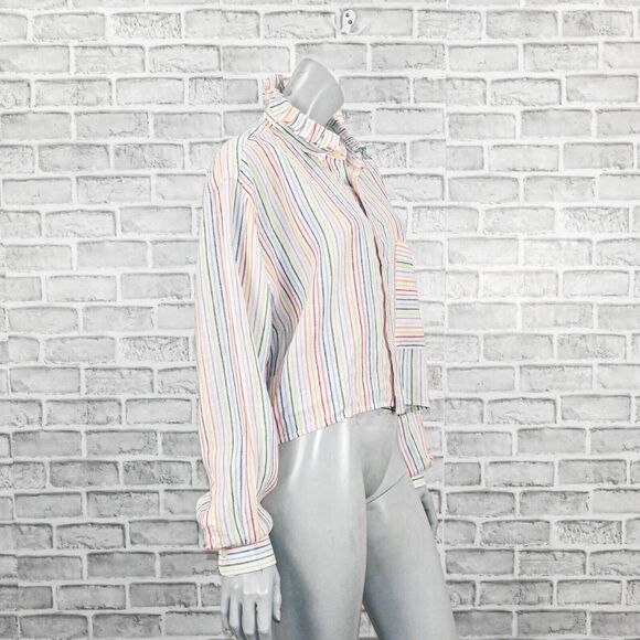 BANZO Women's 100% Linen Antique Ruffle Collar Boxy Shirt Striped multi sz XL - Picture 5 of 11
